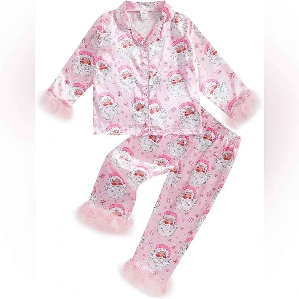 Santa pajamas set feather trim silky satin long sleeve button down christmas top